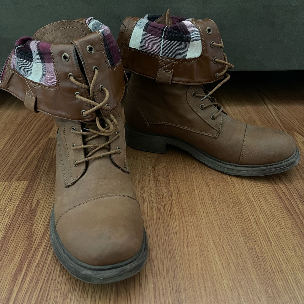 Lace Up Combat Military Boots with Fold Over Plaid Cuff